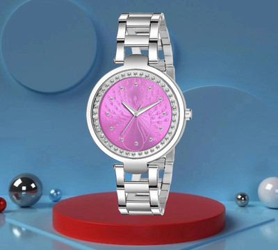 MAHAKAPI Peacockk Floral Diamond Designed Pink Round Dial Shape Analog Watch  - For Girls