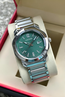 Lucifer AVM33 GREEN Formal Date Display Stainless Steel Chain Adjustable Strap For Men Silver Steel Chain Day & Date Feature Dial Hexagone Case Boys Watch Analog Watch  - For Men