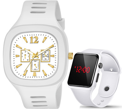 Brostin New Square Black Dial Analogue Silicone Strap & Square Led Analog-Digital Watch  - For Boys