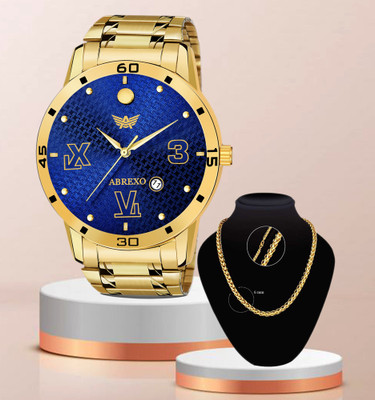 ABREXO Abx8403-BL Blue Date Working Watch With New 5003 Designer Golden Chain Special Combo Pack For Boys Analog Watch  - For Men
