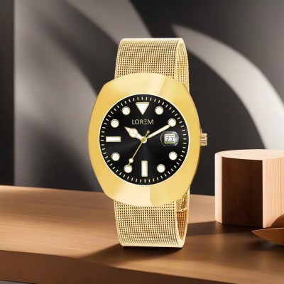 LOREM LR138 Trending Slim Black Dial Golden Metal Mesh Strap Analog Watch  - For Men