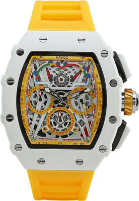 HAVOC CRAFT Unique Design Multi functional Quartz Waterproof Silicone Tape Youth Watches Multifunctional chrono Yellow Strap Luxury Wristwatch-Sport Stylish Square Dial Analog Watch  - For Men