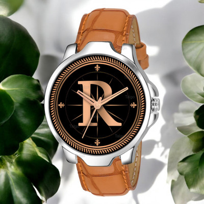 Natrix ALPHA-R-3K-SIL-TAN-CRL Fancy Design Stylish ALPHABET R Dial Beige Leather Strap Men Wrist Watch Analog Watch  - For Boys