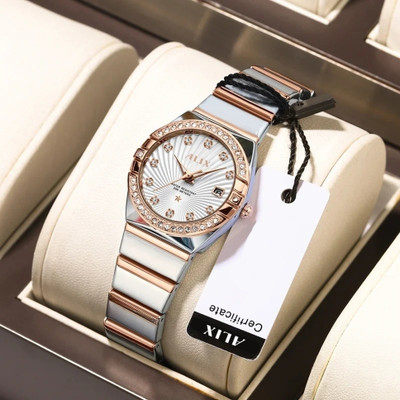 Alix 2534 Stylish Twotone Silver &rosegold strap with diamond studded with date White dial Analog Watch  - For Women