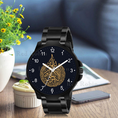Red Robin IW003-NUM-3K-BLK-CDBLK ISLAMIC Ayatulkursi Design Round Dial Black Silicone Strap Muslim Analog Watch  - For Men