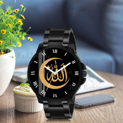 Red Robin IW006-ROM-3K-BLK-CDBLK ISLAMIC Allah Chand Design Round Dial Black Silicone Strap Muslim Analog Watch  - For Men
