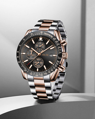 Alix AL3014 Sophisticated black dail with a silver&rosegold stainless strap Analog Watch  - For Men