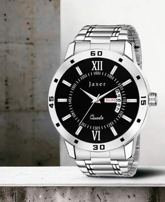 Jaxer Steel Chain Black Day & Date Feature Dial Analog Watch  - For Men
