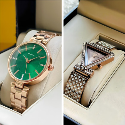 Lucifer DRW1 GREEN - DRW33 BROWN Luxury Rose Gold Chain women watch combo Of 2 Analog Watch  - For Women