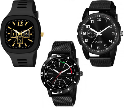 Praizy New Stylish Combo Of 3 Black Silicone Strap & PU Strap Analog Watch  - For Men