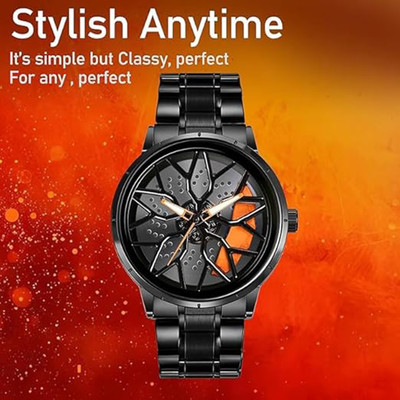 NAYABE Luxury Black Steel Analog Watch with Blue Accents and Unique Wheel Dial Design NAYABE Black Steel Analog Watch with Orange Accents and Unique Wheel Dial Design Analog Watch  - For Boys
