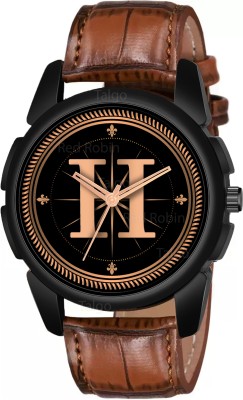 Gadgets World ALPHA-H-J16-BLK-DBRW-CRL Fancy Design Stylish ALPHABET H Dial Brown Leather Strap Men Wrist Watch Analog Watch  - For Boys