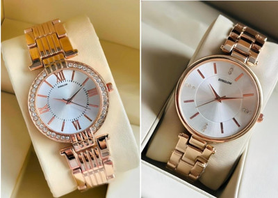 EVRGLOW Womens Combo Watches Rosegold Bracelet Watch Hite Dial Studed Face Womens Rosegold Chain watches Combo Analog Watch  - For Women