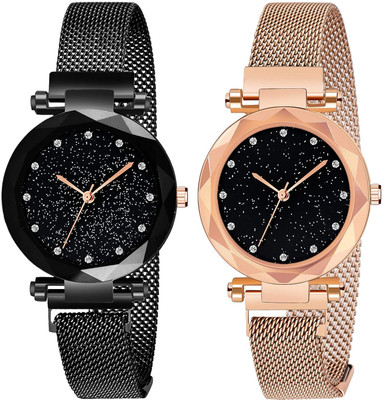 Brostin B00860N Fancy Dial Black Color Black & Rose Gold Soft Chain Strap Buckle Clasp Magnet Analog Watch  - For Girls