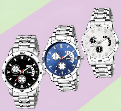 Axlyn Silver Chain Combo of 3 Silver Strap Analog Watch  - For Boys