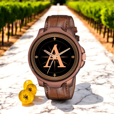 Robin FKALPHA-A-3K-DBRW-CRL Fancy Design Stylish FKALPHABET A Dial Brown Leather Strap Men Wrist Watch Analog Watch  - For Boys