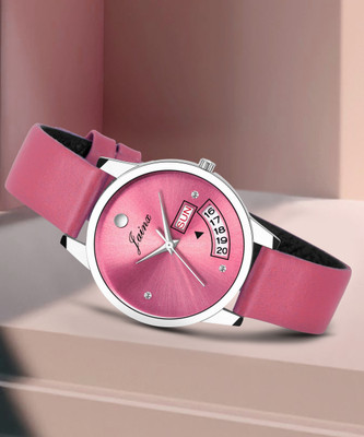 JAINX JW601 Pink Day & Date Function Genuine Leather Strap Analog Watch  - For Women