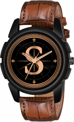 Red Robin ALPHA-S-J16-BLK-DBRW-CRL Fancy Design Stylish ALPHABET S Dial Brown Leather Strap Men Wrist Watch Analog Watch  - For Boys