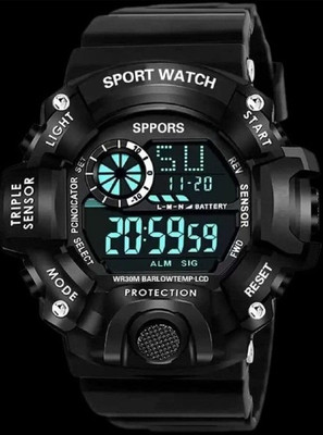 RealBuff Digital Rubber Sports Watch for Men's Kids Watch for Boys Watch for Men Digital Watch Shockproof Multi-Functional Automatic Full Black Color Strap Digital Watch  - For Men