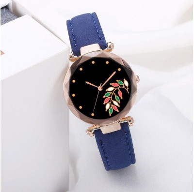 Alkhwatches Stylish Colorful Black leaf Design Dial Blue Leather belt watch for girl&women Analog Watch  - For Girls