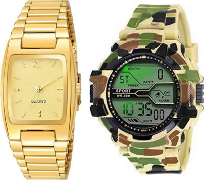 Brostin Trendy Collection Yellow Military men's Watch_Combo_GOLD_DIAL_SQUARE_Men's_WATCH Analog-Digital Watch  - For Men