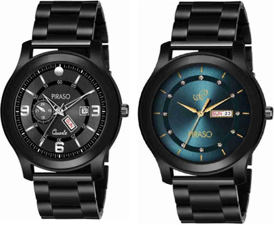 PIRASO D&D C22 BLUE BLACK&D&D C19 BLACK (ANALOG DAY-DATE WORKING DISPLAY COMBO BLACK&BLUE DIAL&BLACK CHAIN WATCH FOR MEN Analog Watch  - For Men