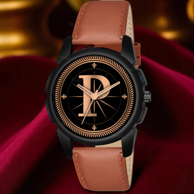 Krolexe ALPHA-P-J16-BLK-TAN-L Fancy Design Stylish ALPHABET P Dial Beige Leather Strap Men Wrist Watch Analog Watch  - For Men