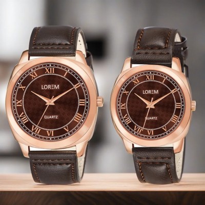 LOREM Combo Of Stylish Synthetic Leather Brown Dial Round Analog Watch  - For Couple
