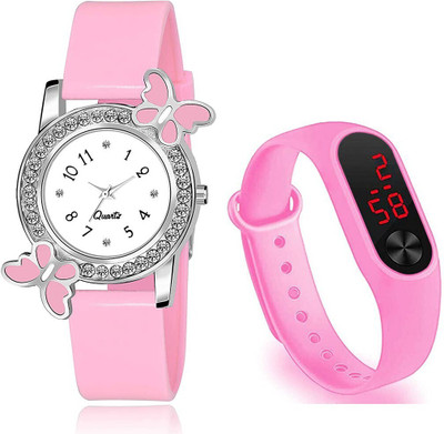 RBSFLOZIO 12 Stone Diamond Butterfly Combo Round Analog Silicone Strap Wristwatch Analog Watch  - For Girls