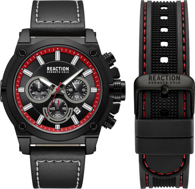 Kenneth Cole Reaction New Collection Chrono 3 Eyes Date Black Round Dial with Synthetic Leather & Silicon Band Analog Watch  - For Men