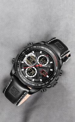 Alix Black leather strap with multifunctional dial and waterproof stylish classic Analog-Digital Watch  - For Men