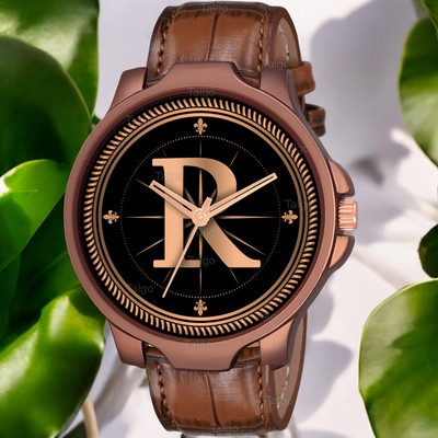 Talgo R-3K-DBRW-CRL Fancy Design Stylish ALPHABET R Dial Brown Leather Strap Men Wrist Watch Analog Watch  - For Boys