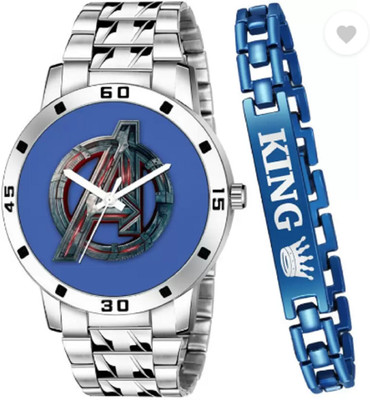 Miss Perfect Classy_Blue Round Dial With Silver Steel Strap & King Bracelet Analog Watch Analog Watch  - For Men