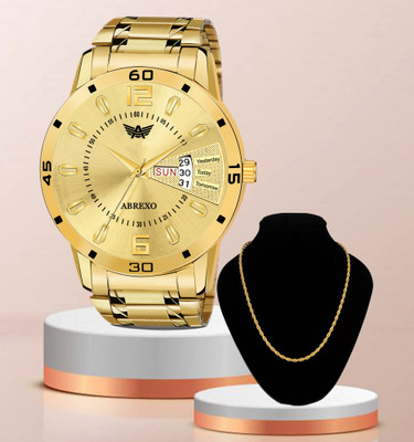 ABREXO Abx1220-GD Gold Day & Date Working Watch Gold Day & Date Wrist Watch With Designer RASA Neckchain Special Combo for Boys Analog Watch  - For Men