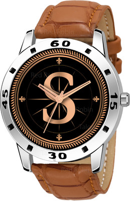 Krolexe ALPHA-S-AVO-SIL-TAN-CRL Fancy Design Stylish ALPHABET S Dial Beige Leather Strap Men Wrist Watch Analog Watch  - For Boys