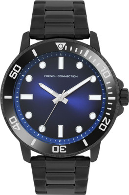 French Connection Blue Sunray Round Dial | Men's Black Analog Watch Analog Watch  - For Men
