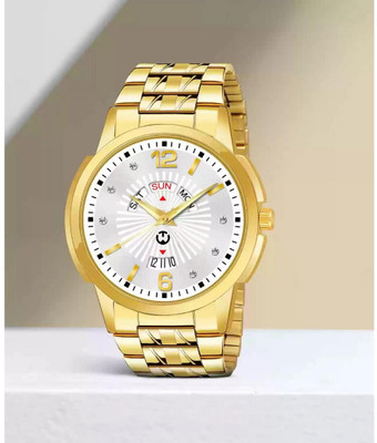 WIZARD TIMES Men's Watch Golden Stainless Steel Strap Silver Day & Date Dial Water Resistant Analog Watch  - For Boys