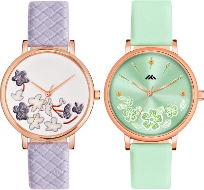 Loretta LT-502-517 Pack of 2 Leather Belt Round Dial Combo Women Analog Watch  - For Girls