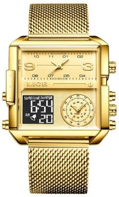 OVERFLY Dual Time Chronograph Luxury LIGE Gold Square Dual Time Chronograph Luxury Analog Digital Watch Analog-Digital Watch  - For Men