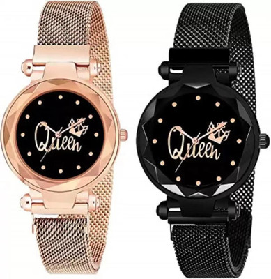 QALIBA Luxury Gold and Black Analog Analog Strap Written In Queen Dial Black and Rose Gold Color Magnet One Of The Bested Analog Watch  - For Girls
