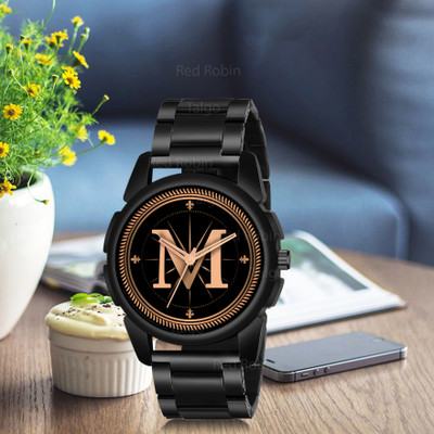 Red Robin ALPHA-M-J16-BLK-CDBLK Fancy Design Stylish ALPHABET M Dial Black Leather Strap Men Wrist Watch Analog Watch  - For Boys
