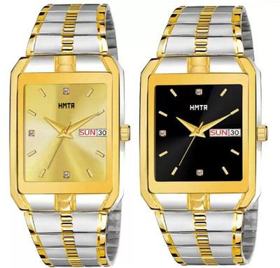 HMTr 7072-Black and 7072 Golden Day and date working Long Life Gold Plated analog Watches Pack of 2 Analog Watch  - For Men