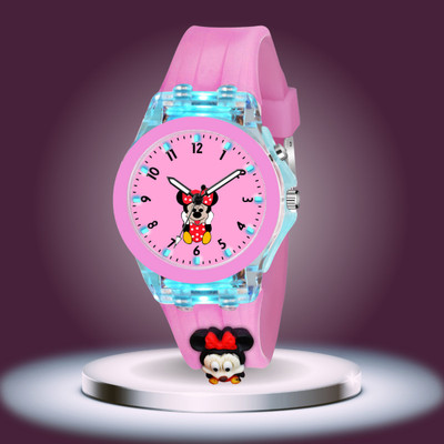 Scarter Stylish Multi-color Light With Dark Pink Mini Mouse 3D Cartoon Analog Watch  - For Girls