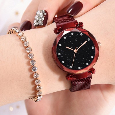 Marclex 12 Point Magnetic watch Stylish 12 Point diamond Laxurius Looking 2021 Starry Sky Magnetic Watch Wrist Style Fancy Bracelet Women Watches Ladies Wristwatch for Girls Analog Fashion Female Clock Gift with Magnet Mash Strap Red Luxury Mesh Buckle sky Quartz girls Mysterious Lady New Chain Belt