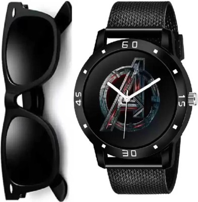 QALIBA Stylish Set Of 2 For Men Analog Watch - For Boys & Girls Colored Black Dial Pu Strap Summer Black Combo Watch And Sunglasses Analog Watch  - For Boys