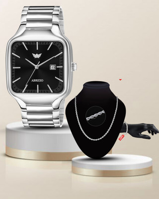 ABREXO Abx8879-Black Dial Silver Square Watch C2 Chain C2 Bracelet ABREXO-Bk Sl Date Working Stainless Steel Analog Quartz Wrist Watch For Men Analog Watch  - For Men