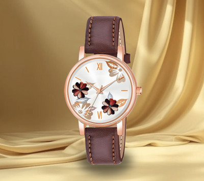 MAHAVIRA COLLECTON Brown_Leather_Flower Premium Color Smooth Finish Attractive Look Leather Brown Ladies watch for women Analog Watch  - For Women