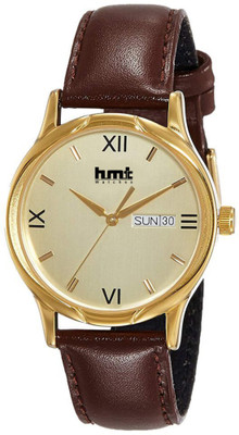 HMT DLX HMT DLX Day & Date Golden Dial Brown Strap Analog Watch  - For Men