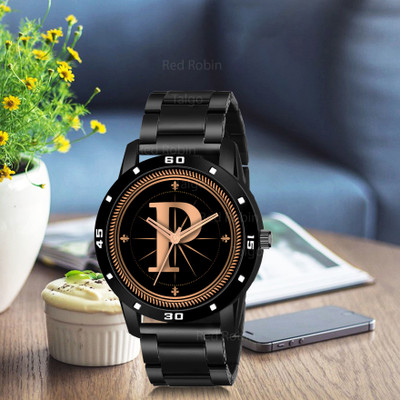 Talgo ALPHA-P-AVO-BLK-CDBLK Fancy Design Stylish ALPHABET P Dial Black Leather Strap Men Wrist Watch Analog Watch  - For Boys