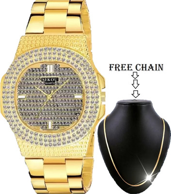 Good Friend Attractive Men's Golden Combo Diamond Studded Watch & Golden Plated Chain Analog Watch  - For Men